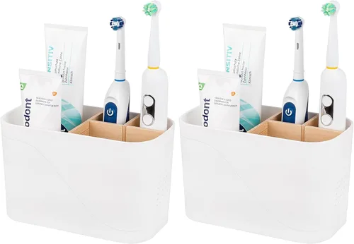 Vista 23 de Soportes para cepillo de dientes con drenaje para baños, soporte para cepillo de dientes de 4 ranuras con divisores de bambú, organizador de cepillo
