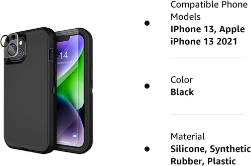 Vista 10 de MXX Funda para iPhone 13, con protector de pantalla de vidrio templado, protector de lente de cámara de 3 capas de alta resistencia, a prueba
