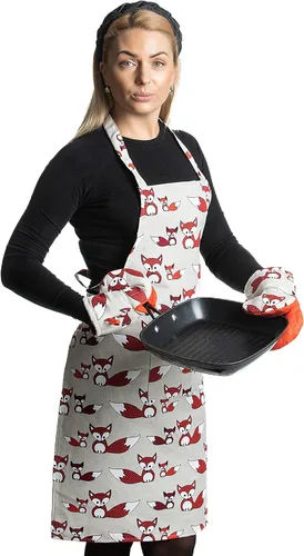 Vista 5 de Delantal de cocina de lino con 2 guantes cortos para horno, delantales de cocina con bolsillo frontal para mujeres y hombres con bonito diseño
