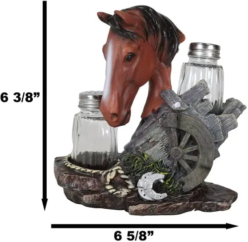 Vista 3 de Ebros Country - Juego de figuras de caballo de semental marrón castaño occidental por Farm Wagon Wheel Lasso Herraduras Salero y Pimentero Estatua