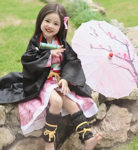 Vista 3 de TSCMRCDC Cosplay Costume Nezuko Anime Cosplay Costume Outfits Cape Christmas Halloween Uniform for Kids Girls and Women