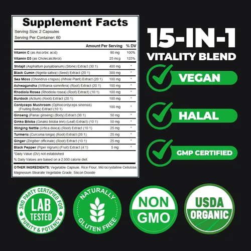 Vista 4 de Shilajit - Cápsulas orgánicas de Shilajit del Himalaya para hombres y mujeres, con musgo marino, aceite de semilla negra, Ashwagandha, Rhodiola