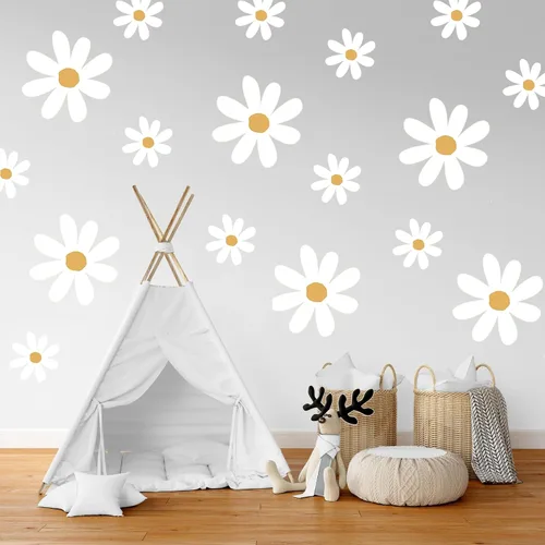 Vista 4 de Calcomanías de pared con diseño de margaritas blancas, calcomanías de pared de margaritas grandes, calcomanías florales para niños, niñas