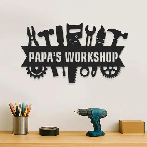 Vista 10 de Letreros de garaje personalizados para hombres, letrero de garaje para papá, letrero personalizado de metal para exteriores, decoración de cueva