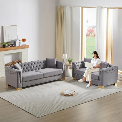 Vista 18 de Chesterfield - Juego de 2 sofás combinados de terciopelo de 3 plazas, 4 cojines clásicos de 6.5 pulgadas, brazo enrollado moderno adecuado para sala