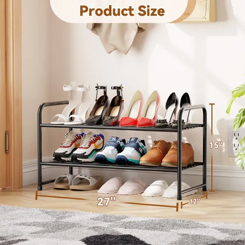 Vista 2 de Zapatero simple de 2 niveles y 27 pulgadas de ancho, estante organizador de zapatos de metal resistente para entrada, puerta delantera, color negro