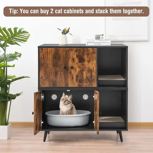 Vista 9 de Tangkula Caja de arena para gatos, baño para gatos con división, almohadilla para rascar, pata de metal, gabinete cerrado para mascotas con puertas