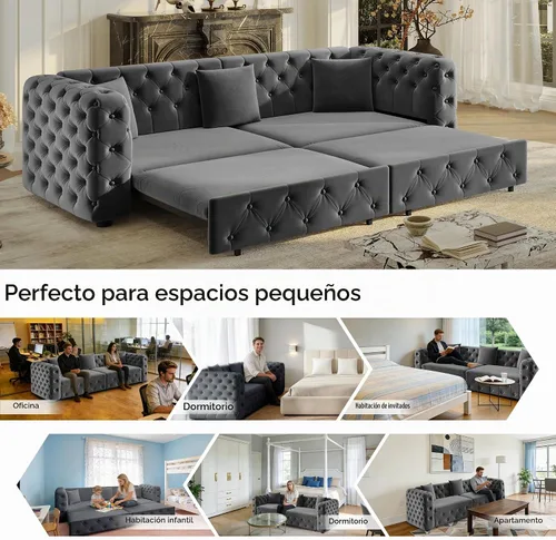 Vista 7 de Polibi Sofá cama extraíble extragrande de 89 pulgadas, sofá cama multifuncional 3 en 1 de 4 plazas con 3 almohadas, sofá clásico copetudo de Gris