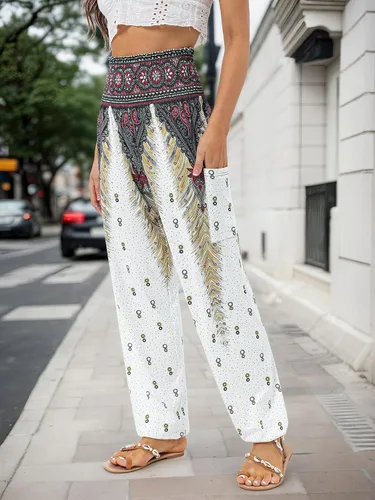 Vista 6 de QIANXIZHAN - Pantalones harén para mujer, pantalones bohemios de yoga con cintura alta y bolsillos