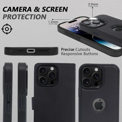 Vista 8 de Funda de piel sintética 2 en 1 para iPhone 13 PRO MAX, funda de piel sintética desmontable con soporte para tarjetas, funda extraíble con bloqueo