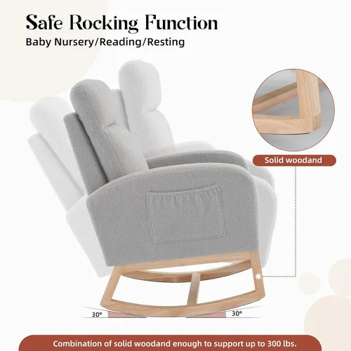 Vista 5 de Takywep Mecedora para guardería con patas de madera maciza, mecedora para guardería con dos bolsillos laterales, sillón mecedor para sala de estar
