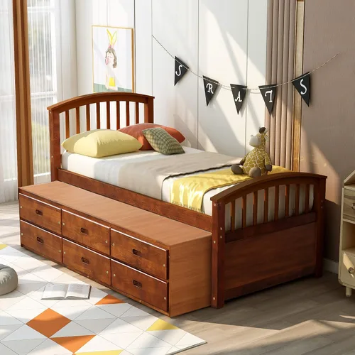 Vista 3 de Merax Cama de almacenamiento de madera maciza con 6 cajones, soporte de listones de madera, no necesita somier