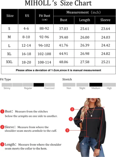 Vista 6 de MIHOLL Blusa de manga larga para mujer, cuello redondo, manga farol, casual, holgada, para mujer