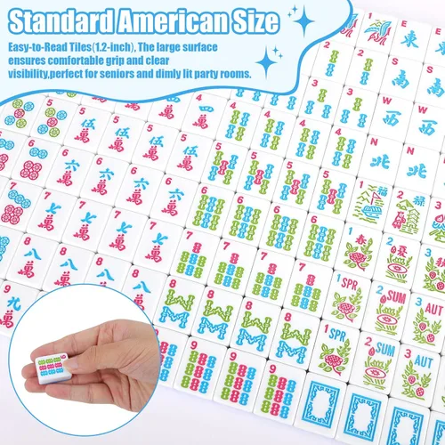 Vista 4 de deAO American Mahjong Tile Set 166 Pcs 1.2" with Bag & Dice for Family Game Blue