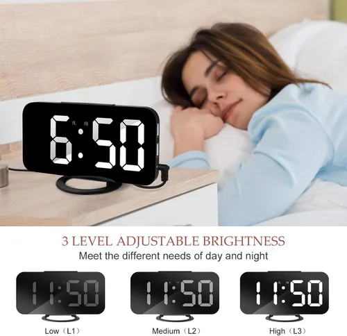 Vista 4 de Reloj despertador digital Lamisola, gran pantalla LED con espejo, 2 puertos de carga USB, brillo ajustable automáticamente, relojes modernos