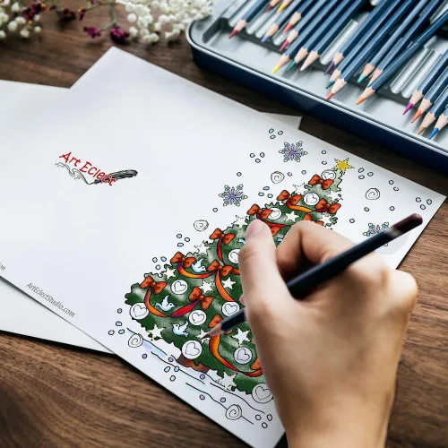 Vista 3 de Tarjetas de Navidad para colorear para adultos y niños Tarjetas de Navidad colorables, interior en blanco para tu mensaje, 10 diseños diferentes