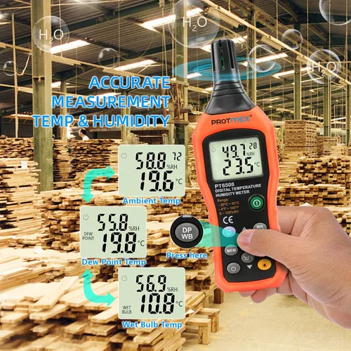 Vista 5 de Protmex Medidor digital de humedad de temperatura, termómetro higrómetro con punto de rocío ambiental y temperatura de bombilla húmeda