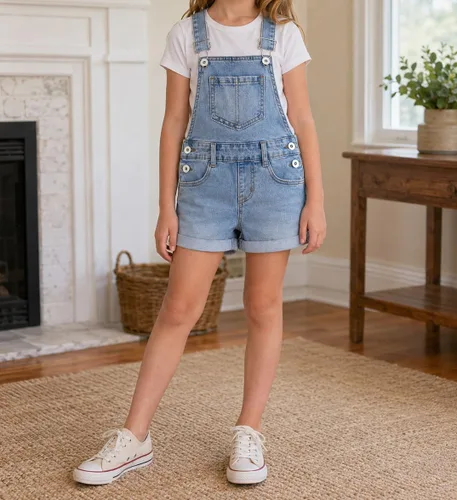Vista 2 de KIDSCOOL SPACE Pantalones cortos de verano para niñas pequeñas y grandes, elásticos, rasgados Azul claro-2592