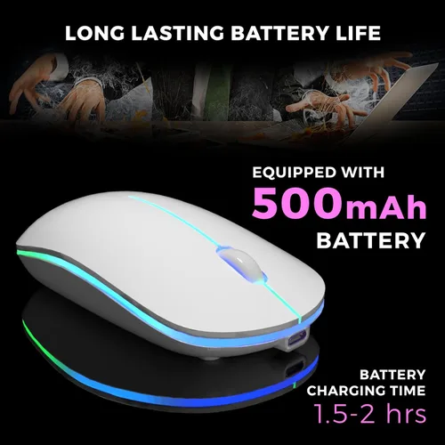 Vista 3 de Mouse inalámbrico – Silencioso, recargable, luz RGB, USB de 2.4 GHz, mouse delgado ergonómico para laptop, Mac, oficina, PC