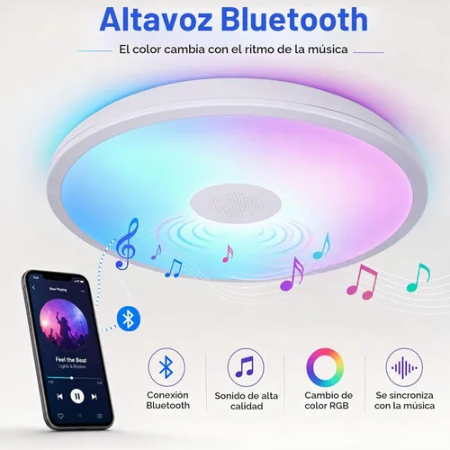 Vista 2 de Lámpara de techo impermeable mejorada con música LED con altavoz Bluetooth, certificado FCC UL1598, luz cambiante de color de 18 W con control