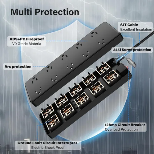 Vista 3 de Tira de alimentación para exteriores de 6 pies, protector de sobretensiones impermeable IPX6, 10 salidas de CA ampliamente espaciadas, cable