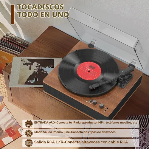 Vista 3 de Tocadiscos de vinilo de 3 velocidades, elegante plato giratorio Bluetooth de tamaño completo con entrada/salida Bluetooth, altavoces integrados