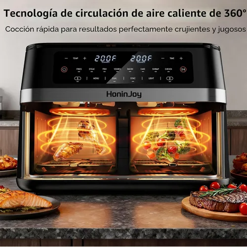 Vista 6 de Freidora de aire grande de doble cesta de 12 cuartos con 50 revestimientos de papel y ventana de visión, 12 en 1 con pantalla táctil digital