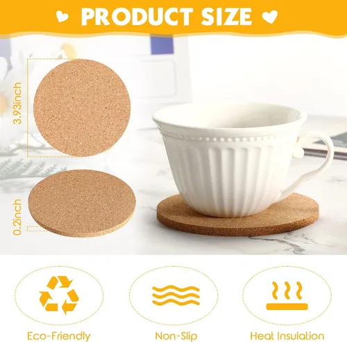 Vista 2 de Potchen 60 posavasos de corcho redondos de 4 pulgadas para bebida, posavasos absorbentes resistentes al calor, posavasos reutilizables en blanco