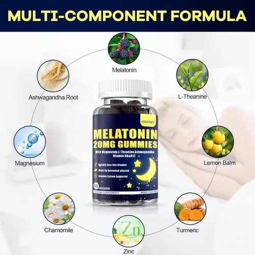 Vista 3 de Gomitas de melatonina de 20 mg para adultos: suplemento de melatonina sin azúcar extra fuerte con Ashwagandha L-teanina magnesio cúrcuma vitamina D3