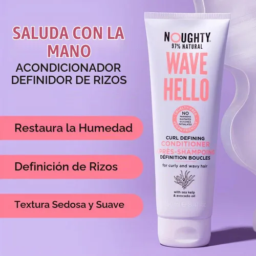 Vista 2 de Noughty Acondicionador definidor 97% Natural Wave Hello Curl para acondicionar, suavizar y definir los rizos con extracto de algas marinas y aceite