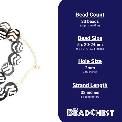 Vista 4 de The Bead Chest Sideways Arrow Batik Bone Beads Circular 0.866 in Kenia African Black and White Flat Large Hole 33 Pulgadas Strand Handmade