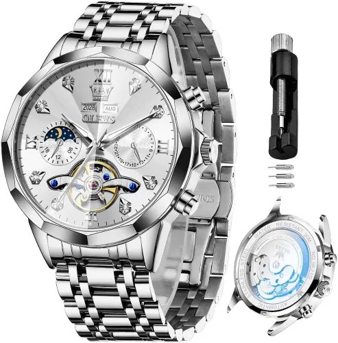 Vista 71 de OLEVS Reloj de pulsera automático con diseño de esqueleto para hombre, de lujo, con diamantes de lujo, de acero inoxidable, calendario, reloj