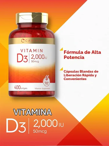 Vista 3 de Carlyle Vitamina D3 2000IU cápsulas blandas 400 unidades 50 mcg Fórmula sin OMG, sin gluten Suplemento de vitamina D