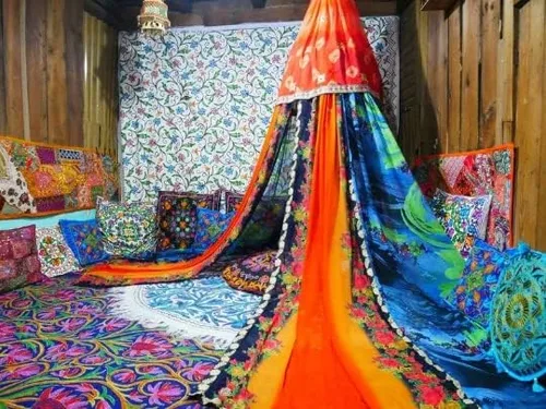 Vista 8 de Toldo de cama bohemio, dosel de sari Cortinas de cama - Cama Montessori - Espacio de meditación Dormitorio bohemio