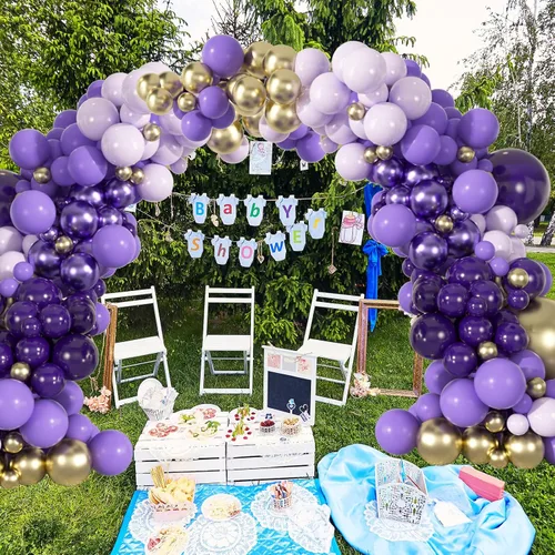 Vista 6 de Kit de arco de guirnalda de globos morados y dorados de 163 piezas - Globos morados oscuros, lavanda lila, globos dorados metálicos para bodas, baby
