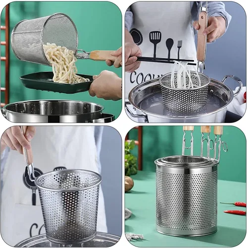 Vista 5 de XENITE Cesta de pasta para hervir pasta, colador de araña, de malla con mango de madera, cuchara ranurada, colador de olla caliente, cucharón