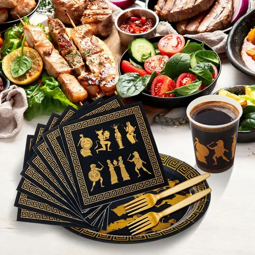 Vista 7 de Vesici 96 piezas de suministros de fiesta de mitología griega para invitados, platos inspirados en la mitología antigua, vasos, servilletas