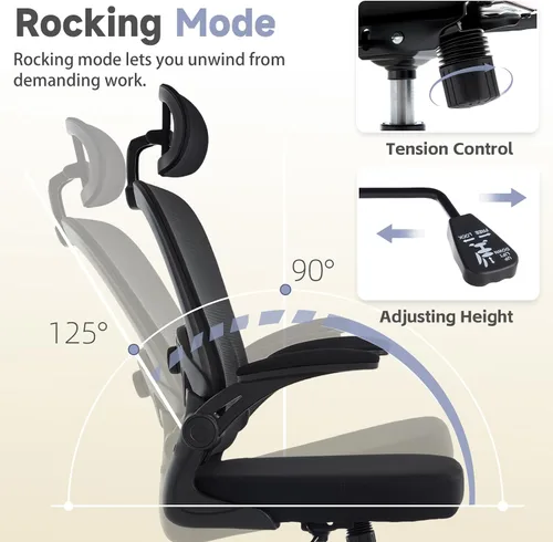 Vista 5 de Silla de oficina ergonómica con soporte lumbar ajustable, silla de escritorio de oficina con reposacabezas ajustable, malla transpirable, cojín