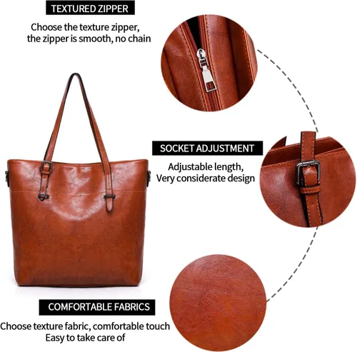 Vista 4 de Bolso y bolso vintage para mujer, bolso de hombro de cuero, bolso grande con asa superior, juego de 4 piezas, Azul oscuro