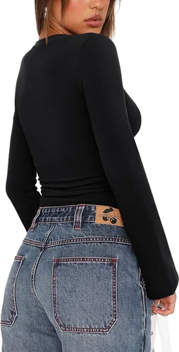 Vista 4 de REORIA Camisas de manga larga con cuello en V profundo para mujer Negro