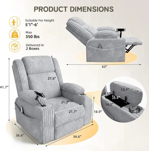 Vista 3 de EROMMY Mecedora reclinable giratoria de gran tamaño con masaje y calor, mecedoras para cuarto de bebé para sala de estar, cómoda silla deslizante