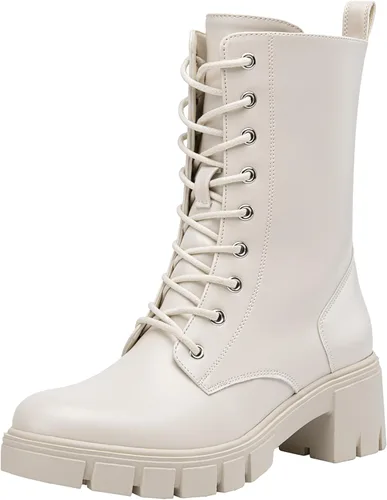 Vista 9 de Vepose Botas de combate hasta media pantorrilla para mujer con cordones elásticos de plataforma gruesa con cremallera lateral