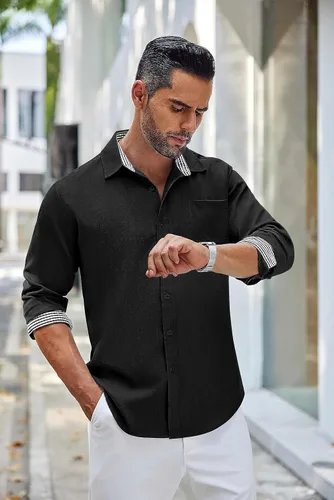 Vista 2 de COOFANDY Camisa de lino con botones para hombre, de manga larga, informal, para playa, con bolsillo