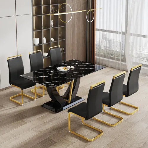 Vista 10 de Juego de mesa de comedor de 71 pulgadas para 8, juego de mesa de comedor de mármol sintético negro para 8, juego de mesa de cocina rectangular