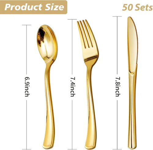 Vista 4 de Goodluck 150 cubiertos de plástico dorados, utensilios dorados desechables, juego de 50 tenedores, 50 cucharas, 50 cuchillos para bodas, fiestas