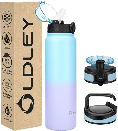 Vista 32 de Botella de agua aislada Oldley de 12 oz con pajita, botella de agua de acero inoxidable con 2 tapas, botellas de doble pared con vacío para adultos