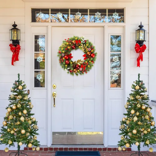 Vista 2 de Sggvecsy Corona de Navidad Artificial de 17 Pulgadas para Puerta Principal con 20 Luces LED Agujas de Pino Bolas de Navidad Bayas Rojas Blancas