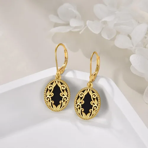 Vista 3 de Aretes de ónix negro de plata de ley chapados en oro amarillo de 18 quilates con filigrana bohemia, aretes colgantes de joyería para mujeres y niñas
