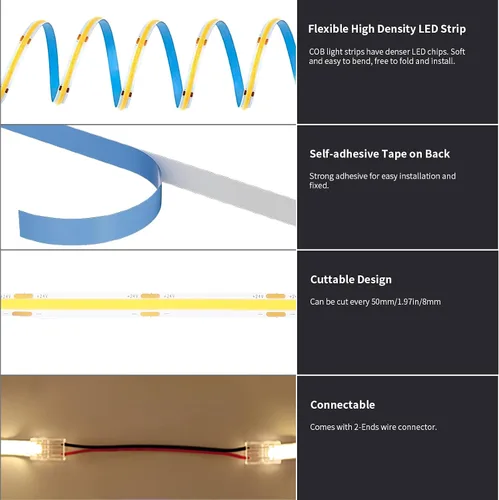 Vista 6 de COB - Tira de luz LED de 40 pies/39.4 ft (1 rollo), blanco frío, 6500 K, alto lumen, CRI 90+ con adaptador de corriente con certificación UL