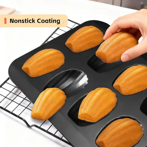 Vista 3 de Madeleines 12 Cavity Madeleine Baking Mould Carbon Steel with Non-Stick Coating for Oven Baking Chocolate Brownies Biscuits, Black
